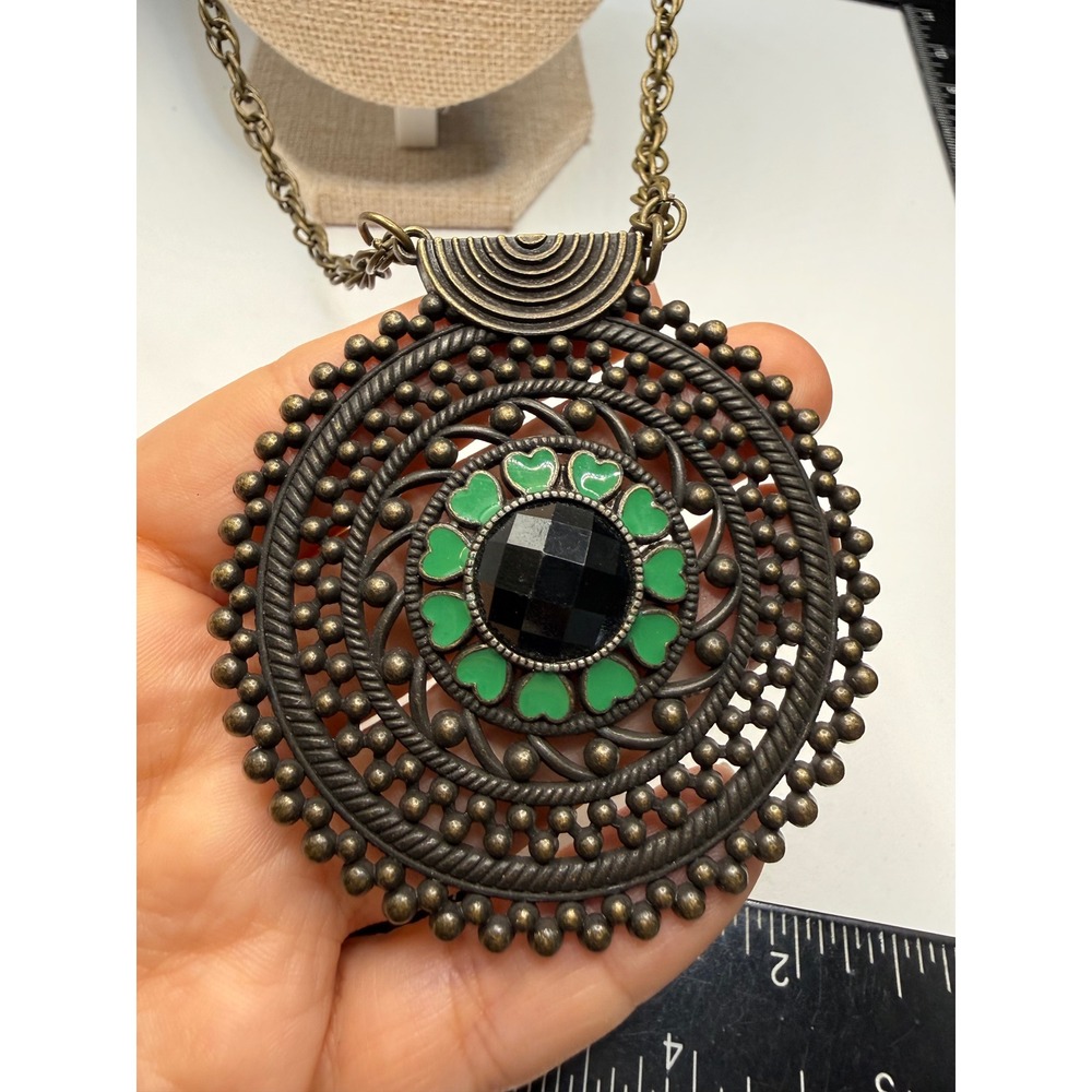 Vintage Bronze Medallion Statement Necklace Green Heart Enamel Black Gemstone